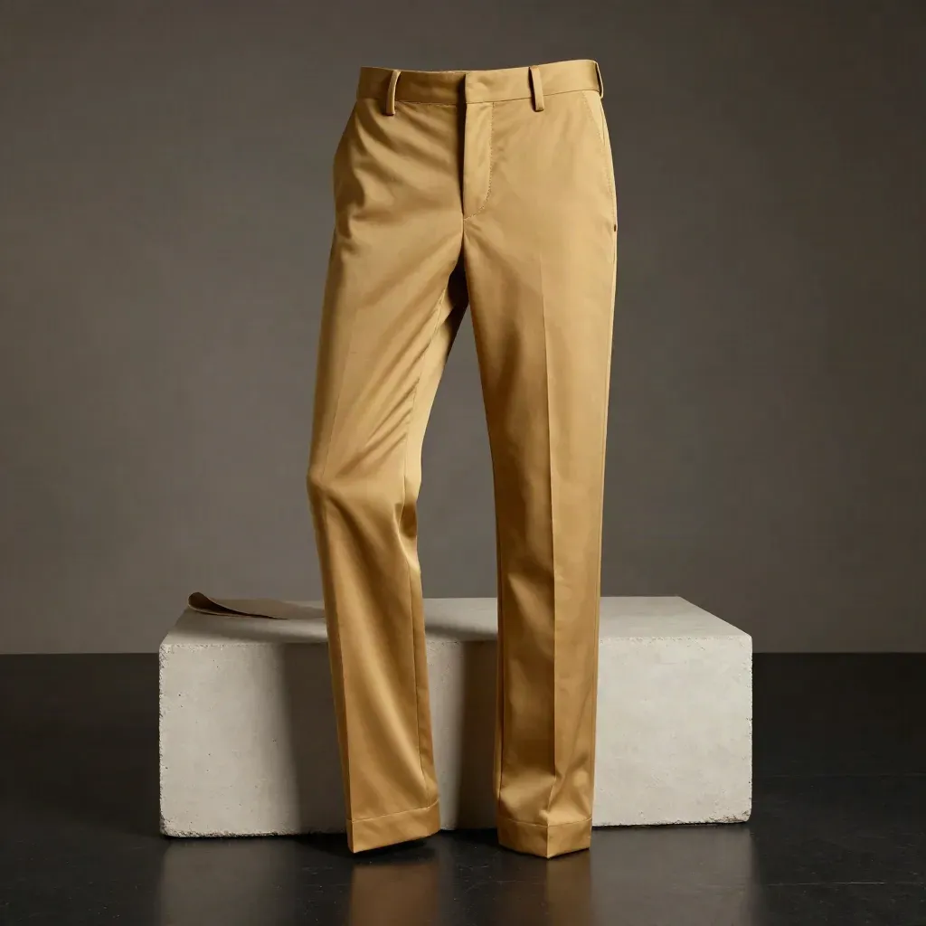 Muted gold straight trouser draped over a concrete block in dramatic studio light.