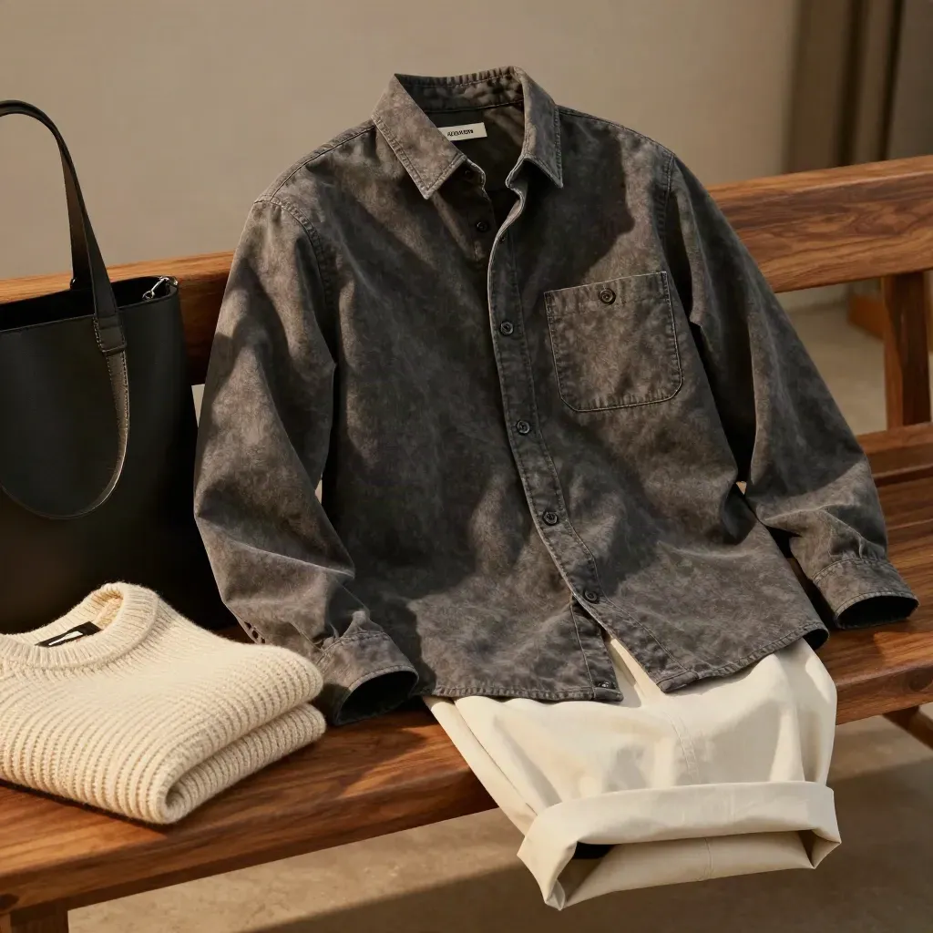 Charcoal overshirt on a wooden rail with tote, knit and pale trouser cuff in soft haze.