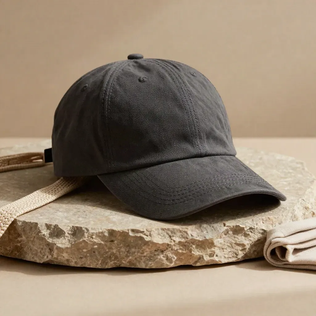 Charcoal cap on limestone block with tote strap and tee edge, softly lit studio hero.