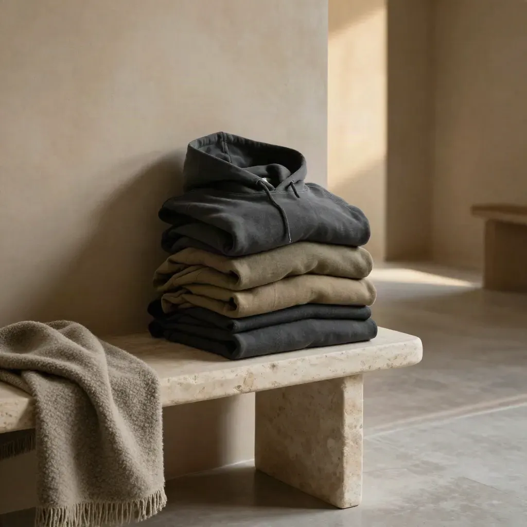 Folded hoodies on a stone bench in a warm plaster room with doorway light and calm copy space.